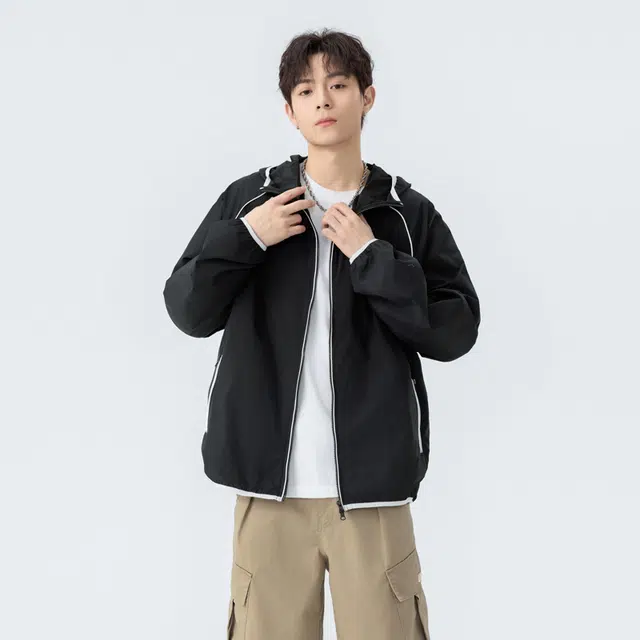 海尔斯 简约舒适宽松条纹户外运动连帽防晒服 男女同款