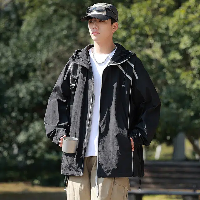 海尔斯 拼色拉链连帽百搭休闲 防紫外线防晒服 男款