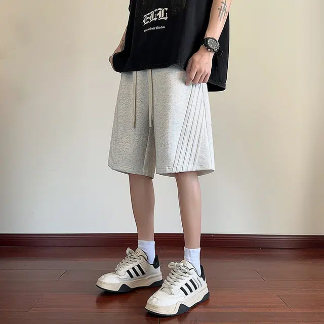 海尔斯 美式高街工装五分裤潮牌百搭帅气松紧腰纯色宽松直筒条纹织带休闲短裤 男款