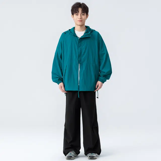 海尔斯 美式复古高街舒适时尚简约纯色宽松拼接休闲户外运动百搭连帽长袖 防紫外线防晒服 男女同款