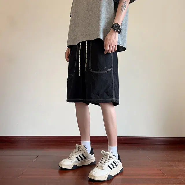 海尔斯 美式高街薄款时尚潮牌港风百搭纯色宽松休闲工装短裤 男款