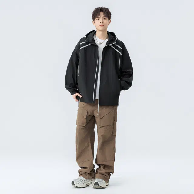 海尔斯 美式复古舒适时尚简约纯色宽松百搭休闲户外山系运动潮流连帽条纹长袖 防紫外线透气速干凉感防晒服 男女同款