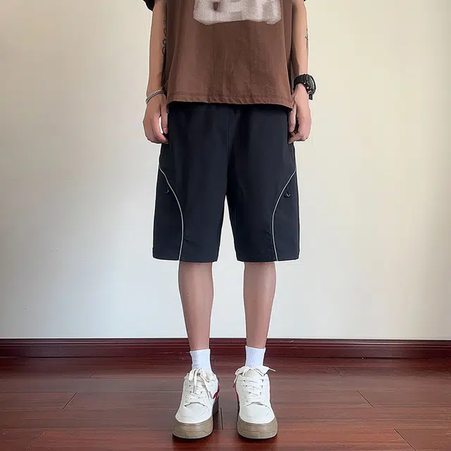 海尔斯 美式高街五分薄款潮牌港风百搭织带拼接休闲宽松工装短裤 男款
