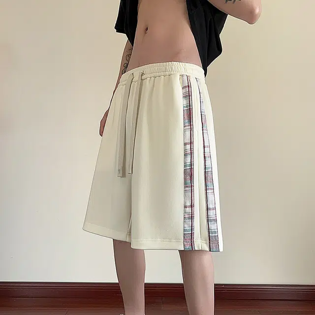 海尔斯 美式时尚潮牌百搭松紧腰条纹撞色拼接宽松系带休闲短裤 男款