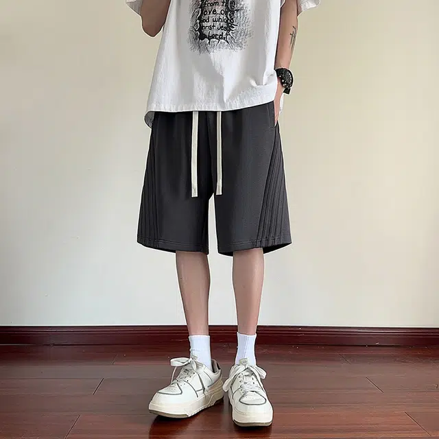 海尔斯 美式高街工装五分裤潮牌百搭帅气松紧腰纯色宽松直筒条纹织带休闲短裤 男款