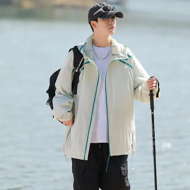 海尔斯 拼色拉链连帽百搭休闲 防紫外线防晒服 男款