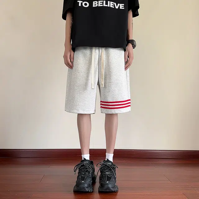 海尔斯 美式高街五分时尚潮牌百搭帅气沙滩裤松紧腰条纹撞色拼接宽松休闲短裤 男款