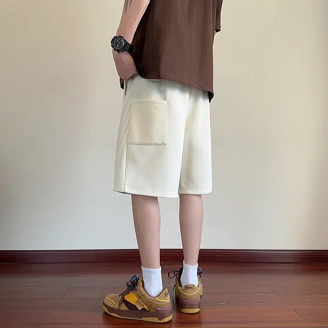 海尔斯 美式高街工装五分裤潮牌百搭帅气松紧腰纯色宽松直筒条纹织带休闲短裤 男款