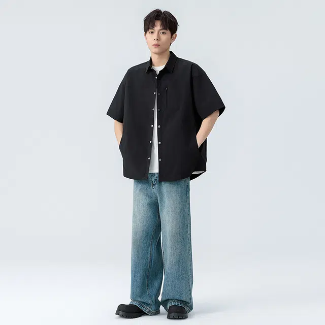 海尔斯 潮牌时尚百搭纯色宽松学院风休闲短袖衬衫 男款