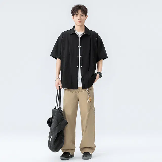 海尔斯 时尚百搭运动休闲纯色宽松短袖衬衫 男款