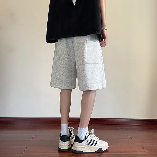 海尔斯 美式高街工装五分裤潮牌百搭帅气松紧腰纯色宽松直筒条纹织带休闲短裤 男款