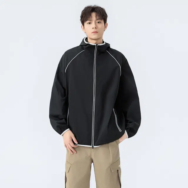 海尔斯 简约舒适宽松条纹户外运动连帽防晒服 男女同款
