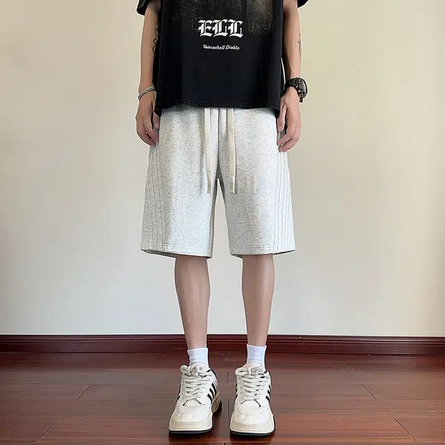 海尔斯 美式高街工装五分裤潮牌百搭帅气松紧腰纯色宽松直筒条纹织带休闲短裤 男款