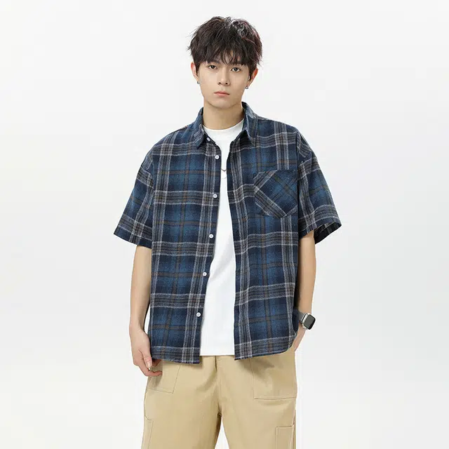 海尔斯 时尚潮流英伦格子高街工装夏季宽松短袖衬衫 男款
