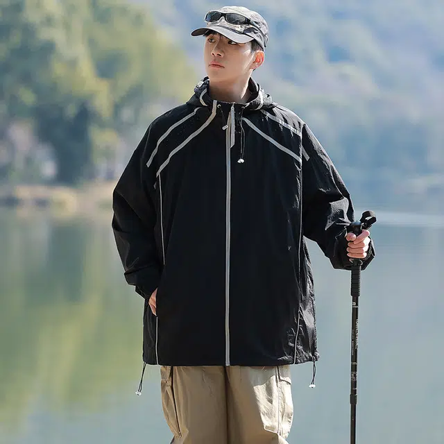 海尔斯 拼色拉链连帽百搭休闲 防紫外线防晒服 男款