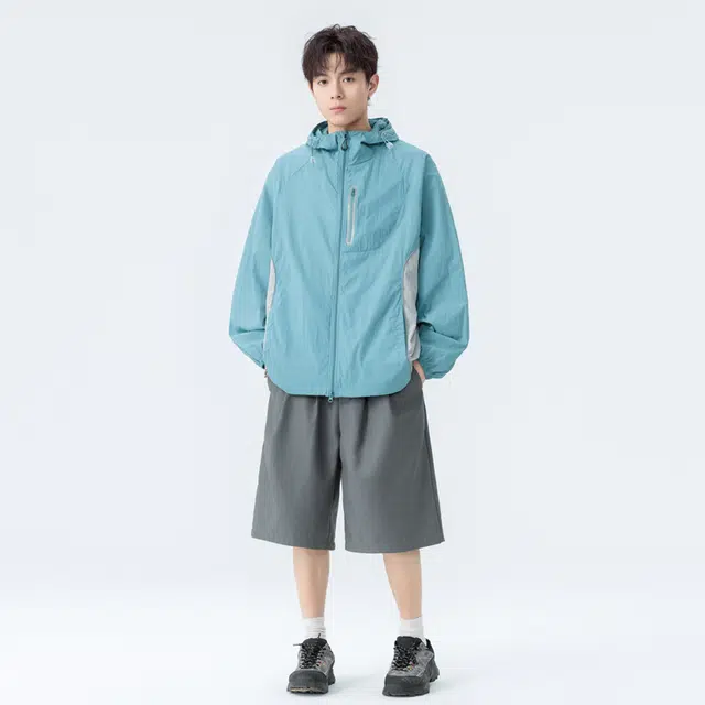 海尔斯 美式复古高街舒适时尚简约纯色拼接宽松百搭休闲户外运动 防紫外线防晒服 男女同款