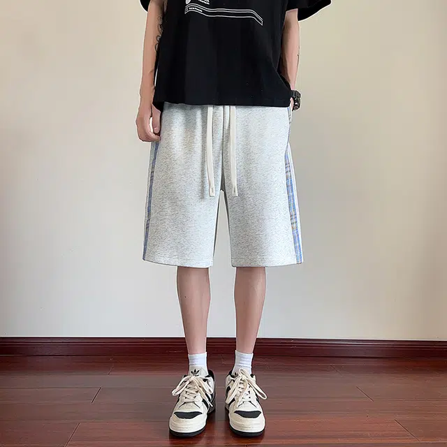海尔斯 美式时尚潮牌百搭松紧腰条纹撞色拼接宽松系带休闲短裤 男款