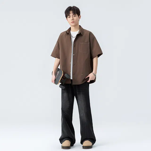 海尔斯 潮牌三分格百搭帅气纯色工装衬衣冰感休闲短袖衬衫 男款