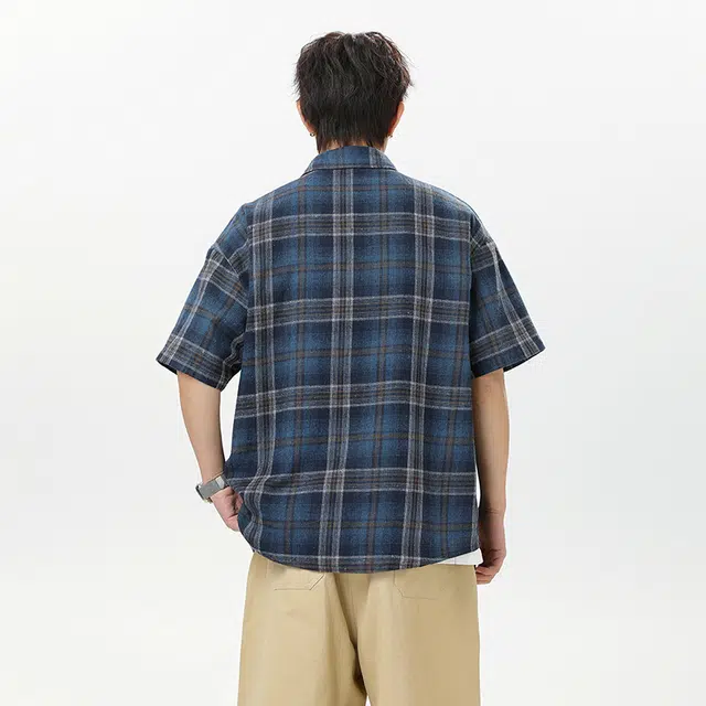 海尔斯 时尚潮流英伦格子高街工装夏季宽松短袖衬衫 男款