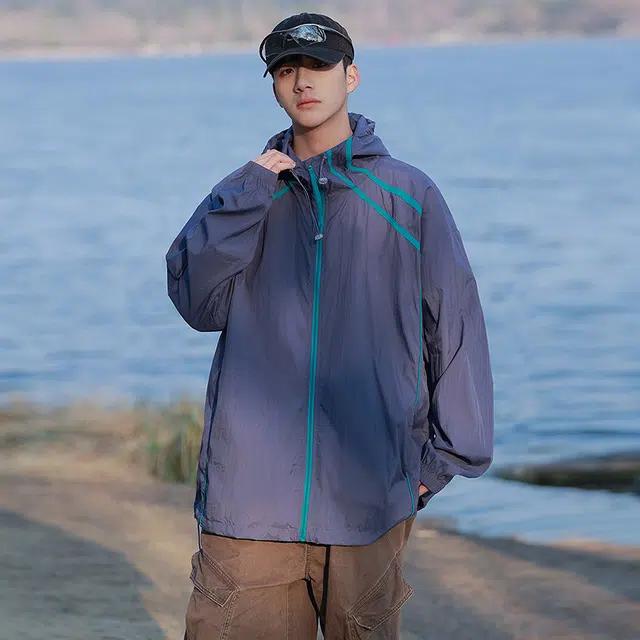 海尔斯 拼色拉链连帽百搭休闲 防紫外线防晒服 男款
