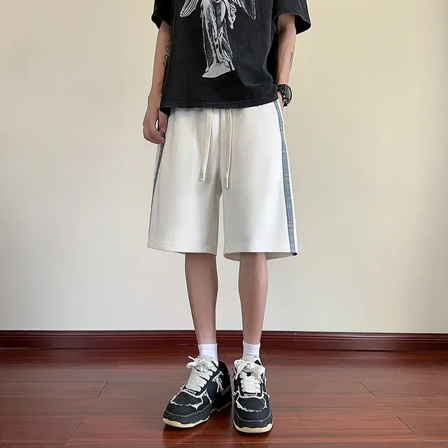 海尔斯 美式时尚潮牌百搭松紧腰条纹撞色拼接宽松系带休闲短裤 男款