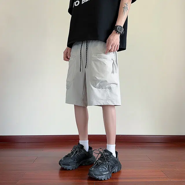 海尔斯 美式高街五分薄款潮牌百搭拉链装饰休闲宽松工装短裤 男款
