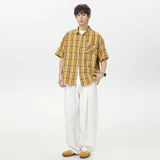 海尔斯 时尚高街英伦工装衬衣夏季落肩袖宽松运动休闲短袖衬衫 男款