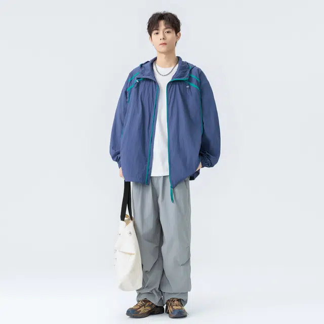 海尔斯 美式复古舒适时尚简约纯色宽松百搭休闲户外山系运动潮流连帽条纹长袖 防紫外线透气速干凉感防晒服 男女同款