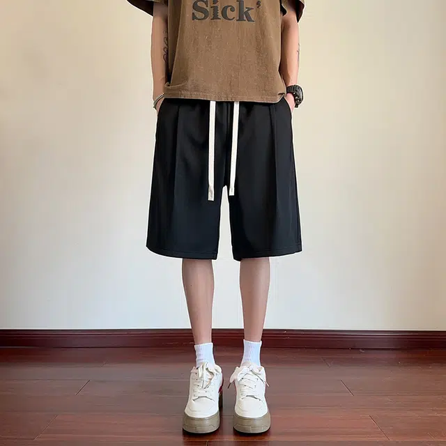 海尔斯 美式高街五分时尚潮牌百搭松紧腰纯色褶皱宽松休闲短裤 男款