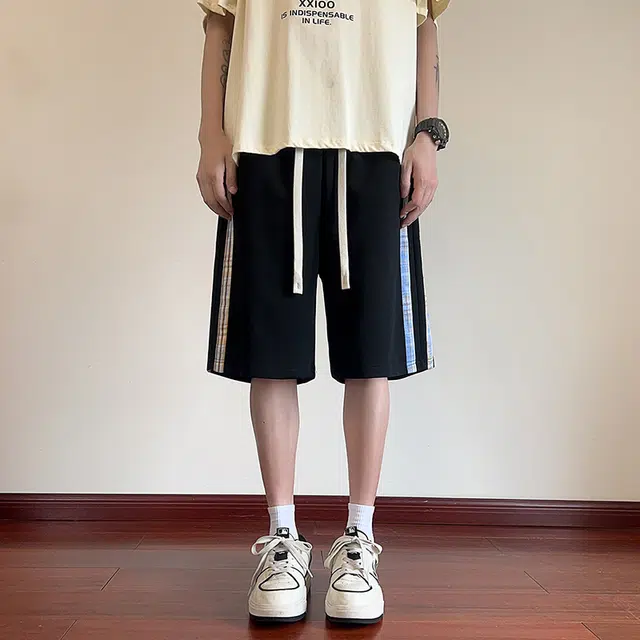 海尔斯 美式时尚潮牌百搭松紧腰条纹撞色拼接宽松系带休闲短裤 男款