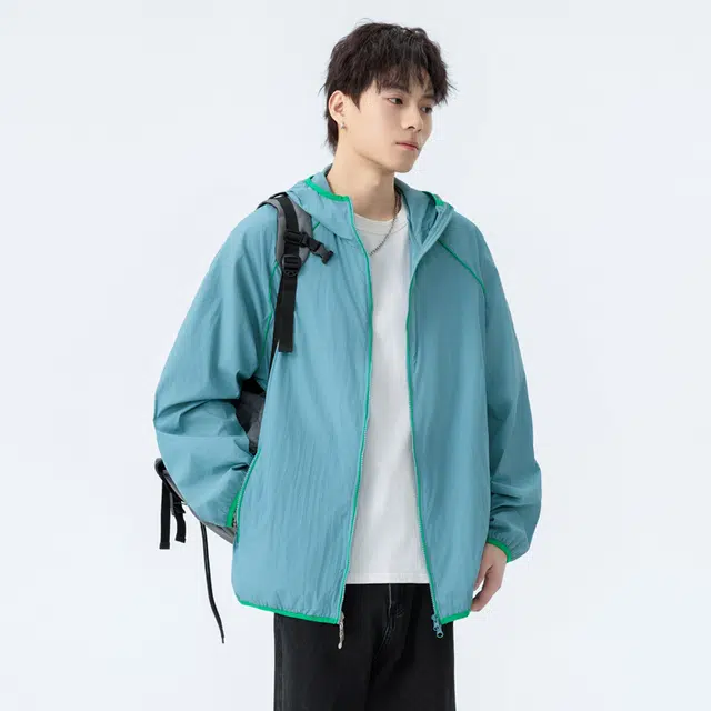 海尔斯 简约舒适宽松条纹户外运动连帽防晒服 男女同款