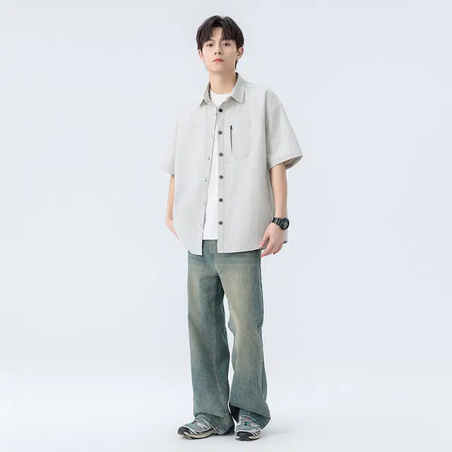 海尔斯 潮牌时尚百搭纯色宽松学院风休闲短袖衬衫 男款