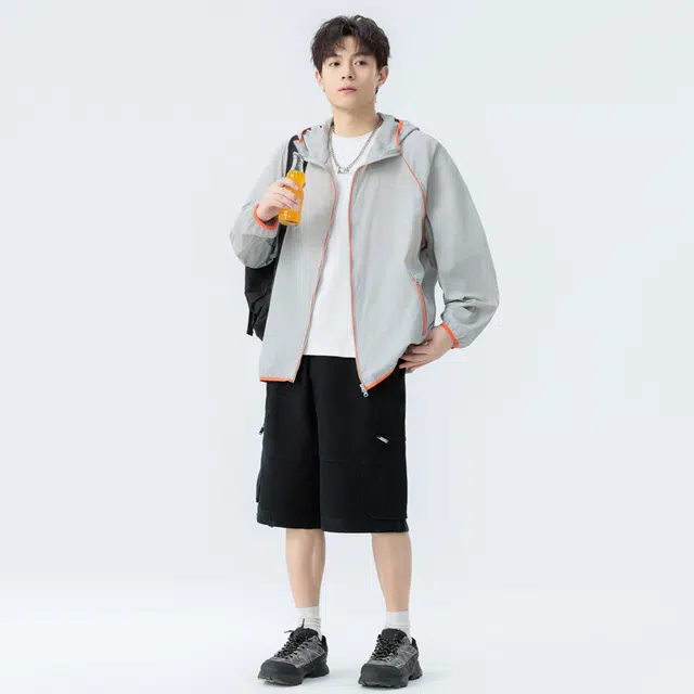 海尔斯 简约舒适宽松条纹户外运动连帽防晒服 男女同款