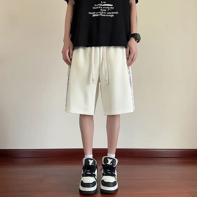 海尔斯 美式时尚潮牌百搭松紧腰条纹撞色拼接宽松系带休闲短裤 男款