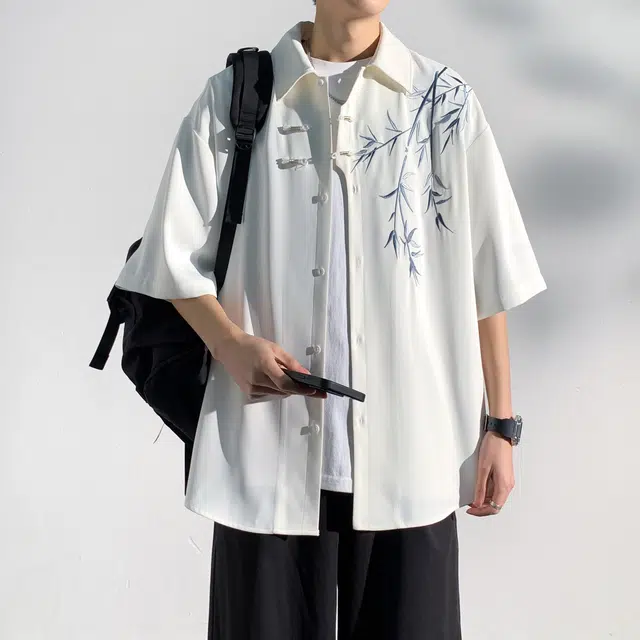 海尔斯 古风中国结盘扣清凉薄款竹子立体宽松短袖衬衫 男款