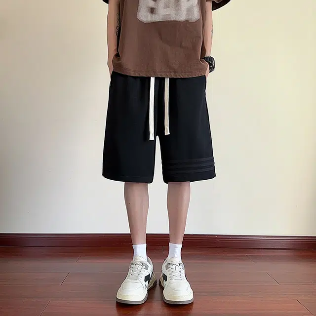 海尔斯 美式高街五分时尚潮牌百搭帅气沙滩裤松紧腰条纹撞色拼接宽松休闲短裤 男款