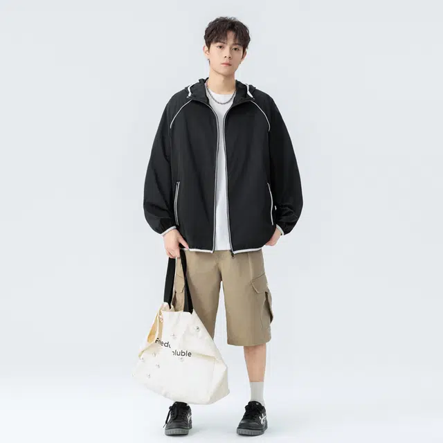 海尔斯 简约舒适宽松条纹户外运动连帽防晒服 男女同款