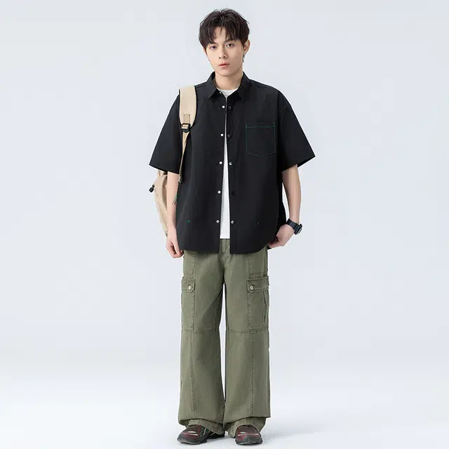 海尔斯 潮牌三分格百搭帅气纯色工装衬衣冰感休闲短袖衬衫 男款