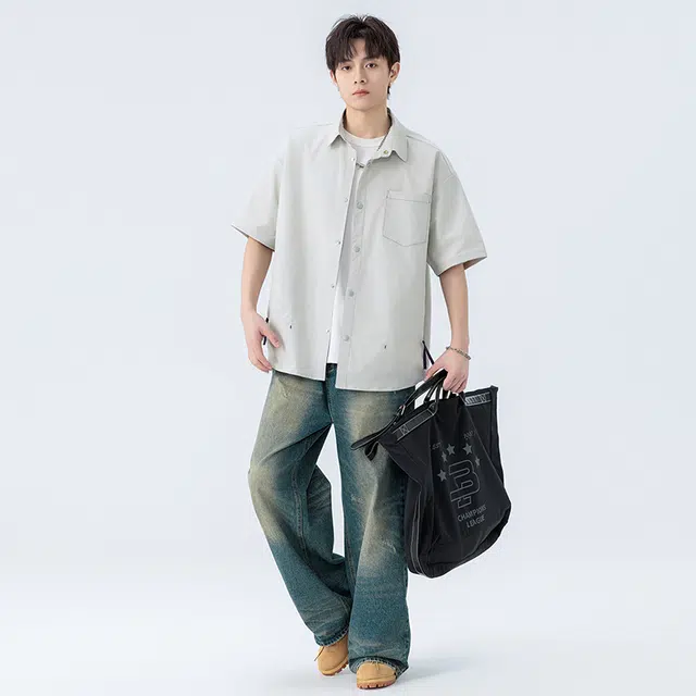 海尔斯 潮牌三分格百搭帅气纯色工装衬衣冰感休闲短袖衬衫 男款
