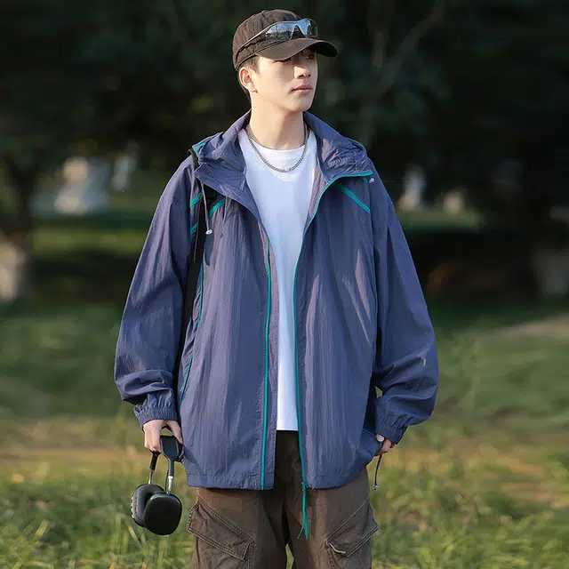海尔斯 拼色拉链连帽百搭休闲 防紫外线防晒服 男款