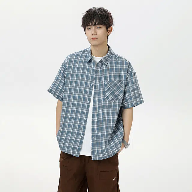 海尔斯 时尚潮流高街英伦格子工装衬衣宽松落肩款休闲短袖衬衫 男款