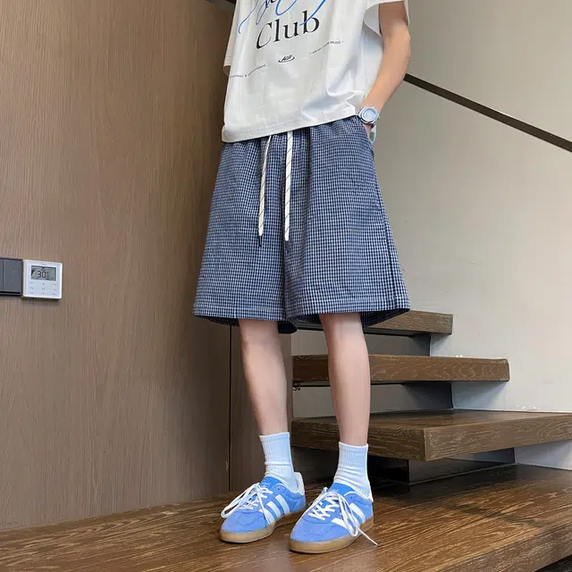 海尔斯 美式复古高街舒适时尚简约纯色格子系绳百搭宽松休闲短裤 男款