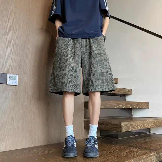 海尔斯 美式复古高街舒适时尚碎花简约百搭宽松直筒系带休闲短裤 男款