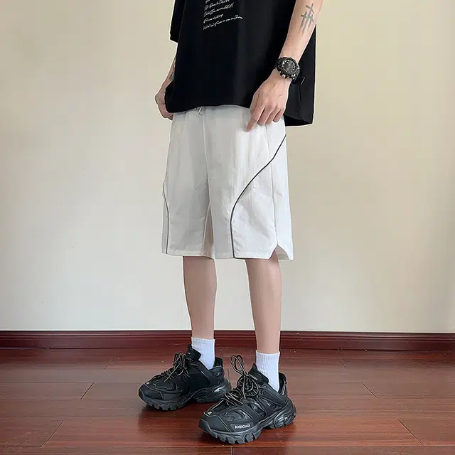 海尔斯 美式高街五分薄款潮牌港风百搭织带拼接休闲宽松工装短裤 男款