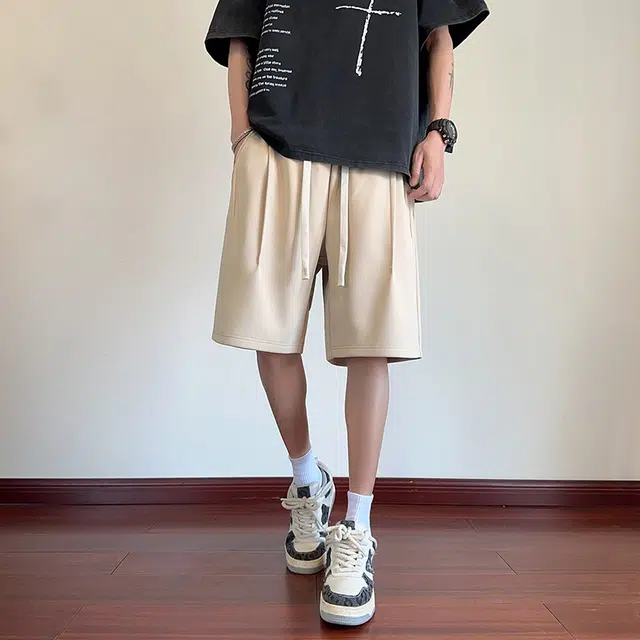海尔斯 美式高街五分时尚潮牌百搭松紧腰纯色褶皱宽松休闲短裤 男款