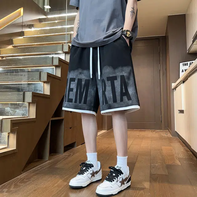 海尔斯 美式复古高街舒适时尚简约字母宽松百搭系带休闲短裤 男款