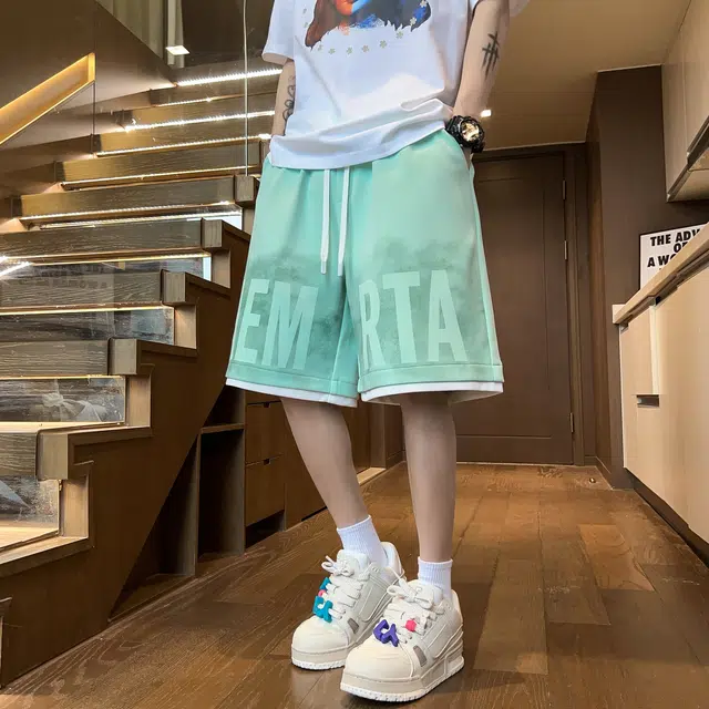 海尔斯 美式复古高街舒适时尚简约字母宽松百搭系带休闲短裤 男款
