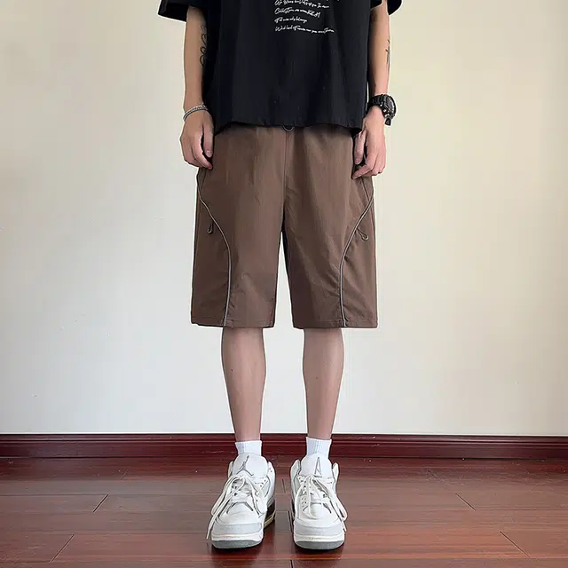 海尔斯 美式高街五分薄款潮牌港风百搭织带拼接休闲宽松工装短裤 男款