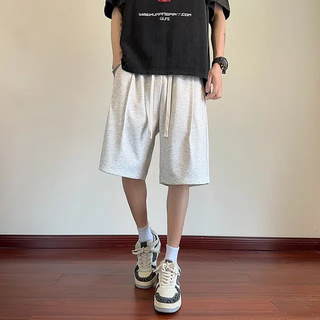 海尔斯 美式高街五分时尚潮牌百搭松紧腰纯色褶皱宽松休闲短裤 男款