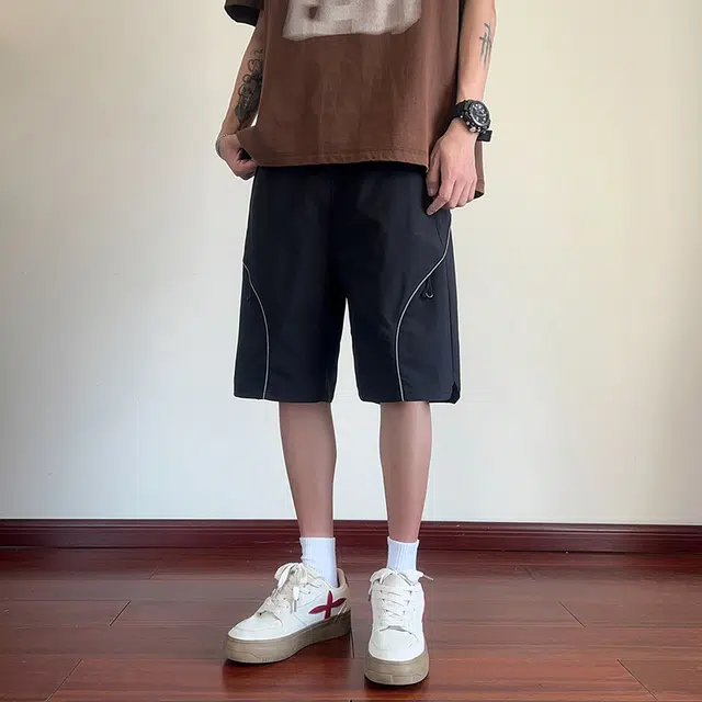 海尔斯 美式高街五分薄款潮牌港风百搭织带拼接休闲宽松工装短裤 男款